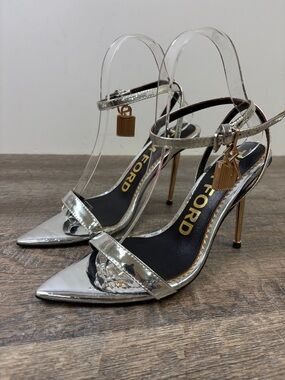 Tom Ford Padlock Metallic Silver PVC Ankle Strap Heels Size 36